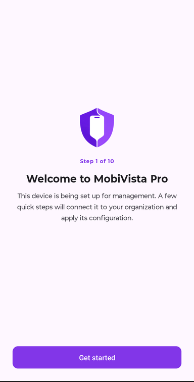 The MobiVista Pro agent on a phone, showing step 1 of 10 of device enrollment.